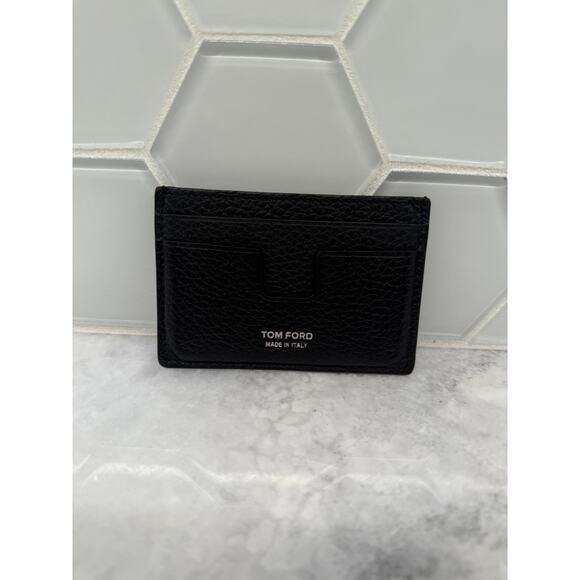 AUTHENTIC Tom Ford T Line Classic Leather Card Holder - Black w/Silver Writing